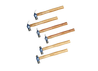 blue head painted hammer with wooden handle isolated