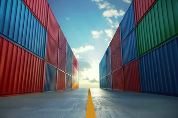 Rows of shipping containers in different colors. Transport business. Logistics import and export of goods.