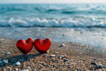 Fototapeta premium love two red hearts on the beach, AI generated