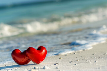 Fototapeta premium love two red hearts on the beach, AI generated
