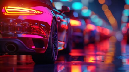 Rear View Of Sportscar With Colorful Blurred City Lights