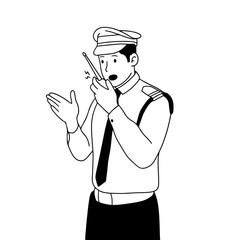 Security guard talking on walkie-talkie