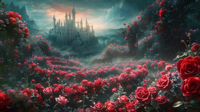 A maze of t obstacles the walls made of velvety crimson roses concealing a hidden bewitched castle.