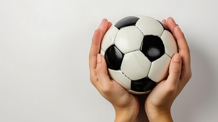 Hands holding a soccer ball on white background.