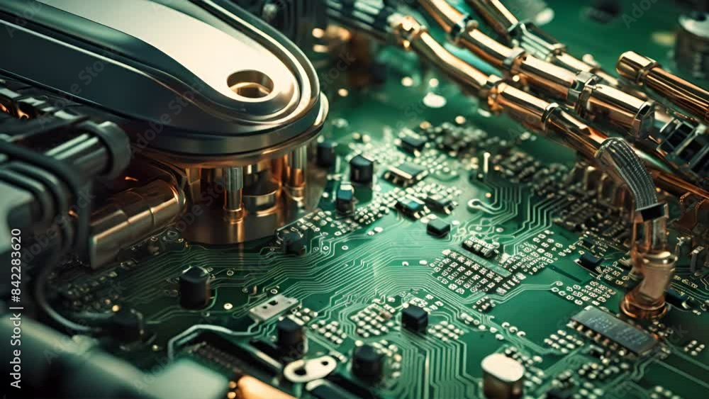 Poster futuristic robot arm delicately assembling a complex circuit board.