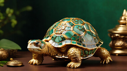 A Vastu or Feng Shui tortoise, symbolizing longevity and prosperity, carved shell gleams with golden accents against a lush green backdrop
