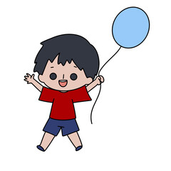 A cartoon boy is holding a blue balloon