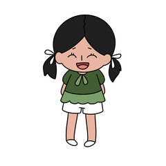 A cartoon girl with green shirt and white shorts is smiling