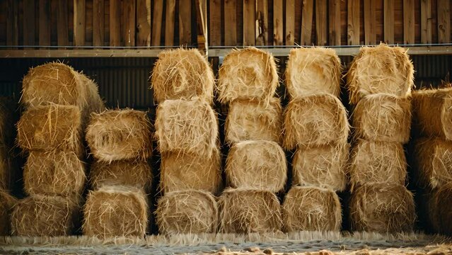 Bales of freshly harvested hay are neatly stacked in the barn ready to be used as feed for the cows during the winter.