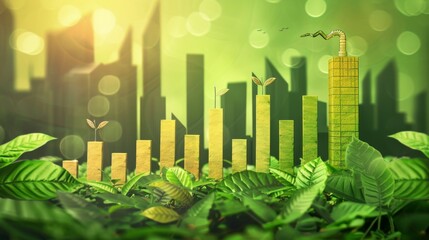 Conceptual image of green economy with sustainable buildings, growing plants, and urban development under sunlight.