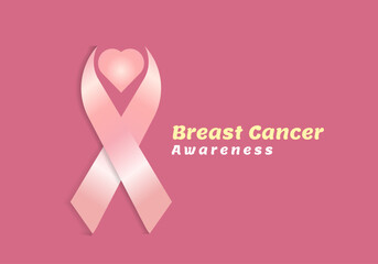 The concept of Heart ribbon with text-Breast cancer awareness, Realistic pink ribbon, breast cancer awareness symbol, vector illustration