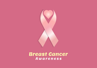 Breast cancer awareness symbol, vector illustration. The concept of Heart ribbon with text-Breast cancer awareness, Realistic pink ribbon
