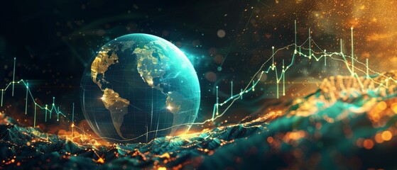 Futuristic digital representation of global financial market trends with a glowing Earth and rising data charts in the background.