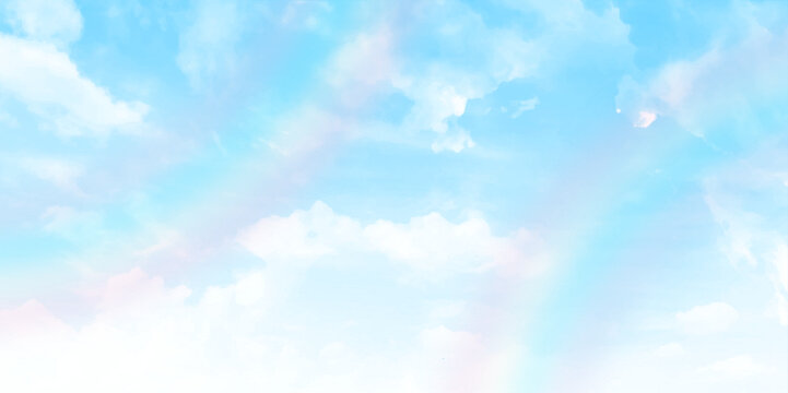 Summer Blue Sky and white cloud white background. Beautiful clear cloudy with rainbow effect. Vector illustration.