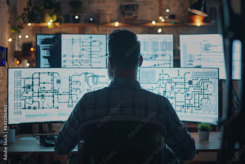 Poster a man is sitting in front of a computer monitor with a black and white screen