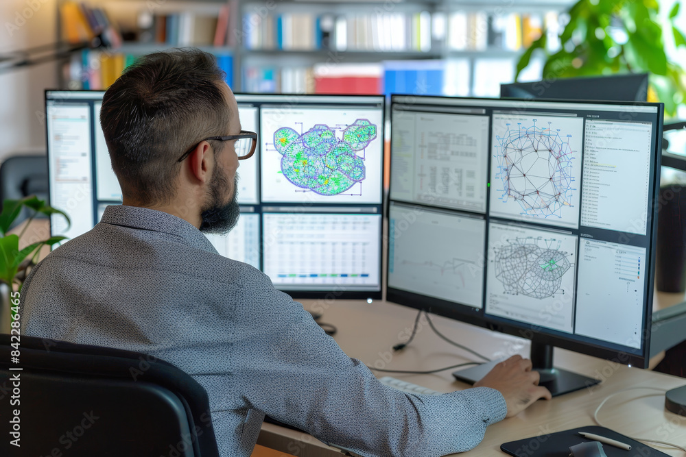 Poster a man is sitting at a desk with three computer monitors in front of him
