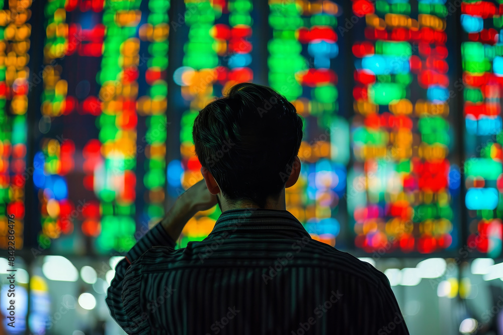 Poster a man is looking at a screen with many different colored squares