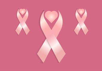 Three pink color ribbons Breast cancer awareness symbol, vector illustration. The concept of Heart ribbon with text-Breast cancer awareness, Realistic pink ribbon