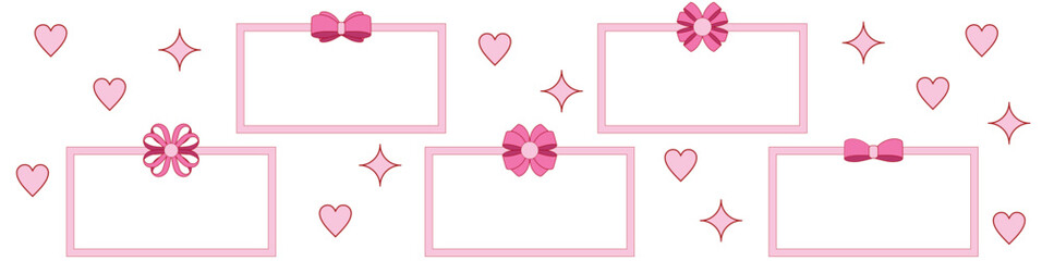 pink girly frame border cartoon bow set. Bow for hair decor present, invitation, flat. Trendy girls accessories. Gift Bows. Good for valentine's day, wedding and mother's day	