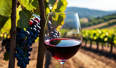 A glass of red wine, with vineyards in the background