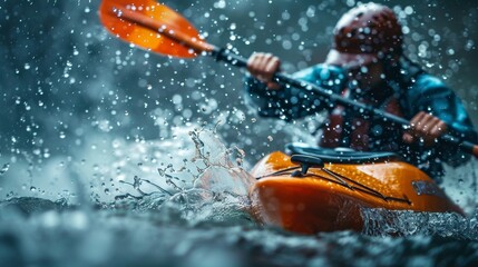 Fototapeta premium A kayaker in full speed during a sprint race, with water splashing around. Strength of the paddler