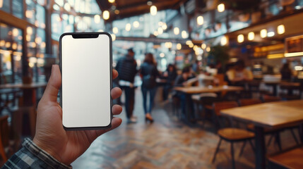 A person is holding a phone in a restaurant with a lot of people