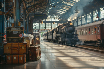 A train is pulling into a station with a few suitcases and a suitcase rack © mila103