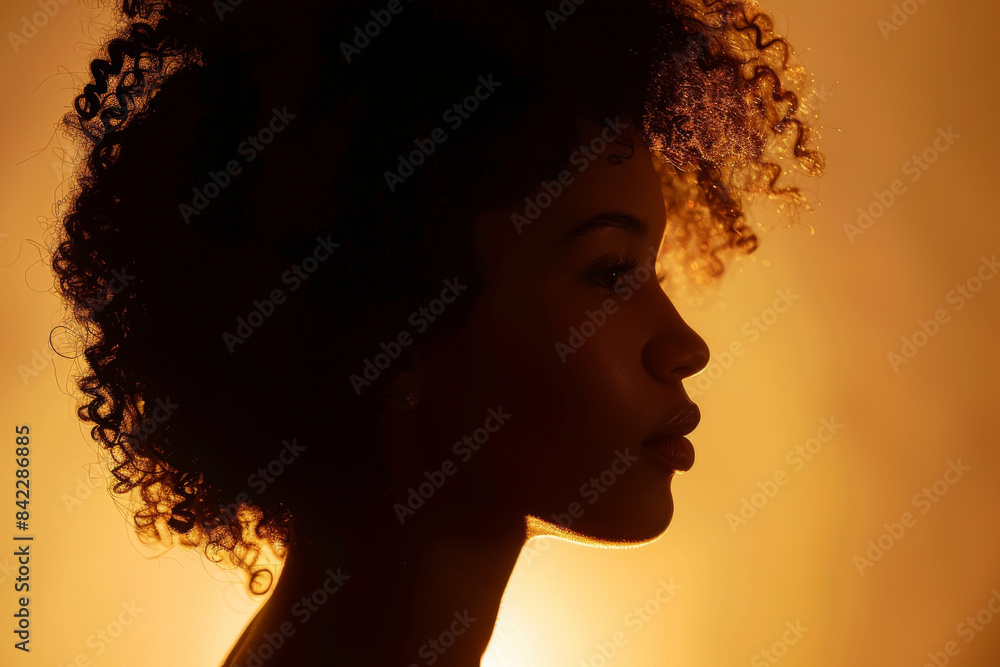 Wall mural A woman with curly hair is standing in front of a yellow background - Wall murals