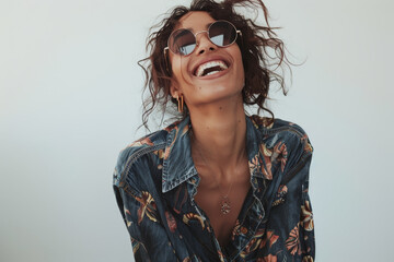 A woman with curly hair is smiling and wearing sunglasses