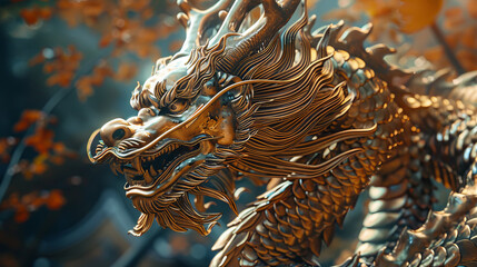 A gold dragon with a long tail and a mouth full of teeth