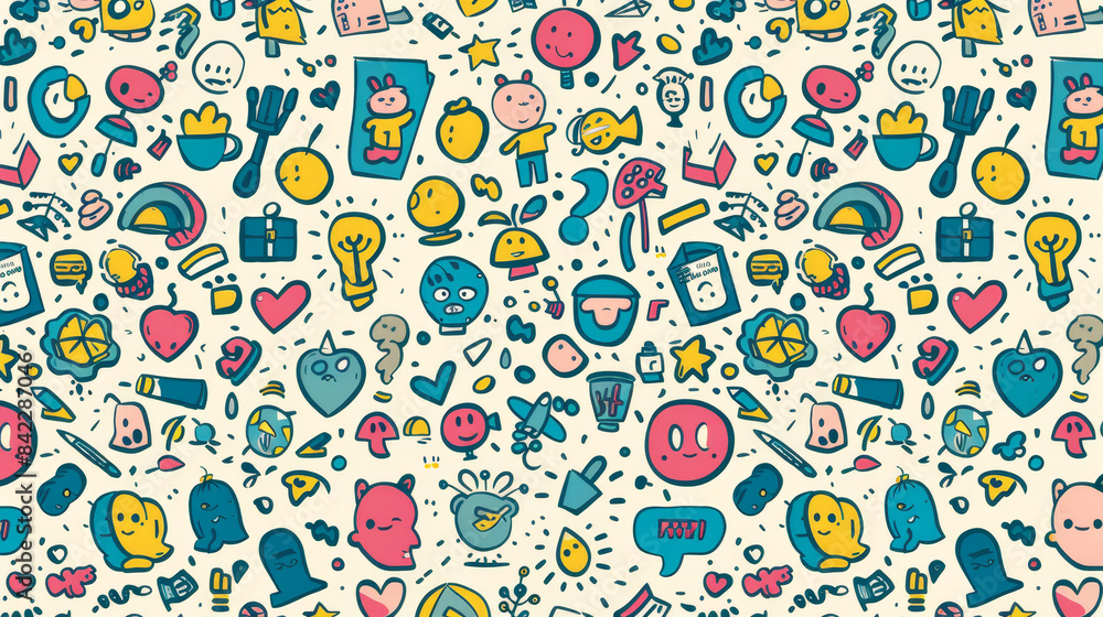 Poster a colorful background with many cartoon faces and objects