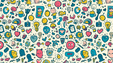 A colorful background with many cartoon faces and objects