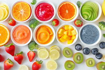 A colorful assortment of fruits and vegetables, including oranges, strawberries