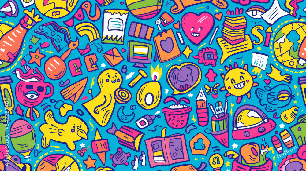 Aufkleber a colorful background with various cartoon characters and objects such as a cup