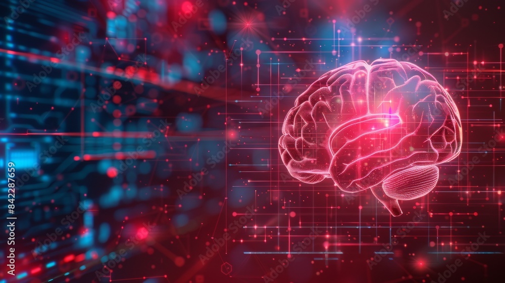 Poster 3d rendering of human brain made from digital data and glowing red light,