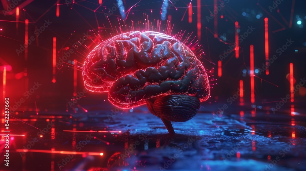 Aufkleber 3d rendering of human brain made from digital data and glowing red light,