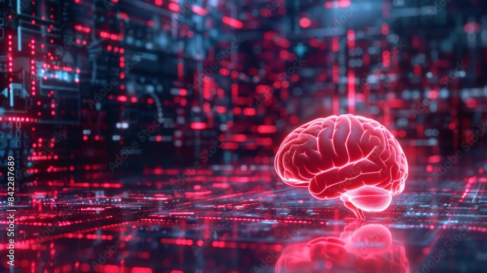 Aufkleber 3d rendering of human brain made from digital data and glowing red light,