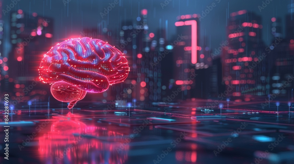 Aufkleber 3d rendering of human brain made from digital data and glowing red light,
