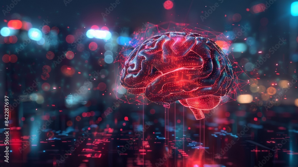 Poster 3d rendering of human brain made from digital data and glowing red light,