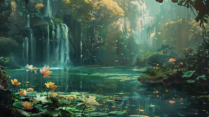 A lush green forest with a waterfall and a pond full of lilies