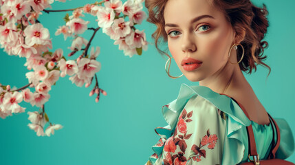 Fototapeta premium A woman is standing in front of a tree with pink flowers