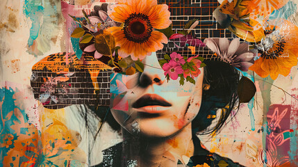 A woman's face is painted with flowers and leaves