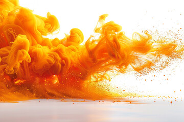 A yellow color explosion with a mix of light and dark yellow particles, captured in mid-burst on a white background, showcasing the dynamic motion