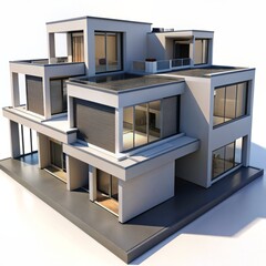 3D Render of a modern townhouse complex, on isolated white background, Generative AI