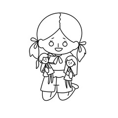 A girl is holding two dolls in her arms