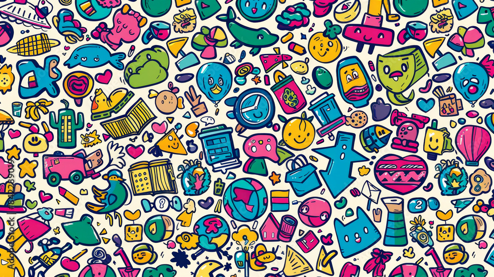 Poster a colorful background with cartoon characters and objects such as a car, a clock