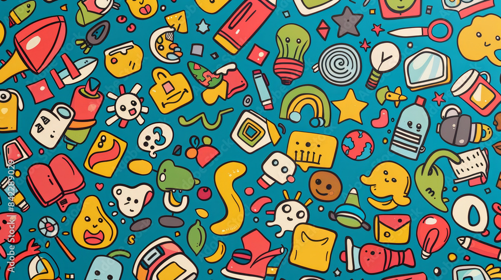 Aufkleber a colorful background with cartoon characters and objects such as a banana