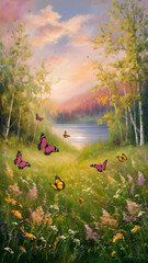 Fototapeta premium A painting of a field with butterflies and a lake