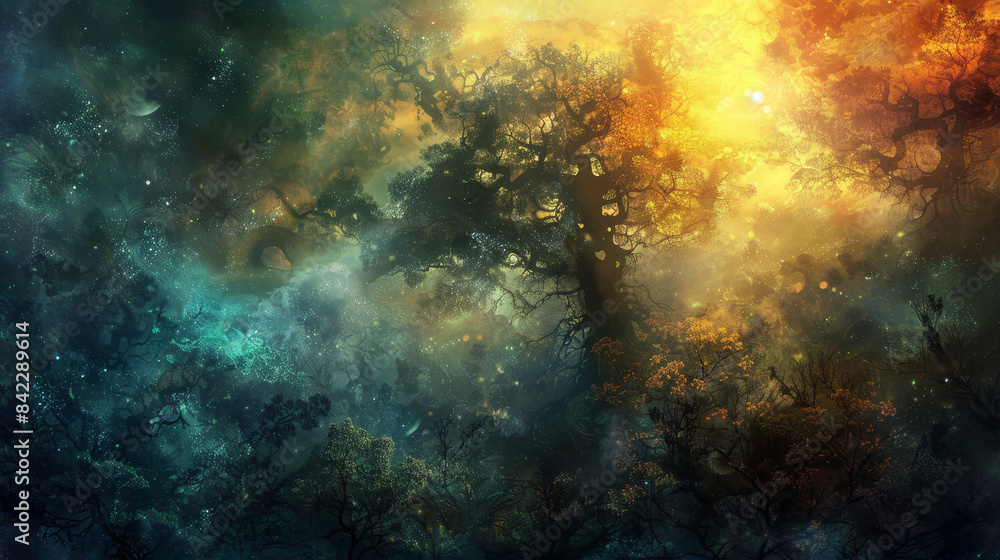 Poster a tree with leaves of different colors and a sky background
