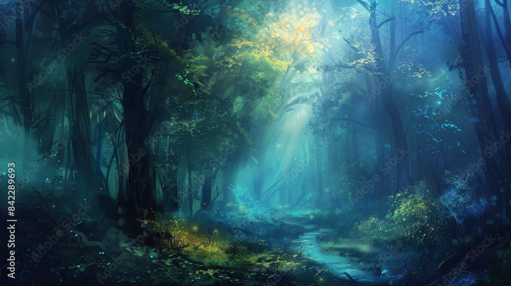 Poster a forest with a stream running through it
